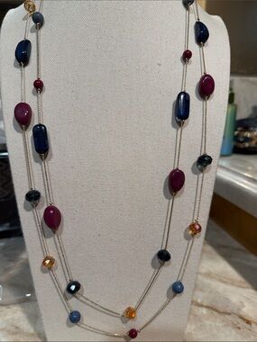 Multi-Strand Purple & Navy Beaded Necklace with gold tone chain